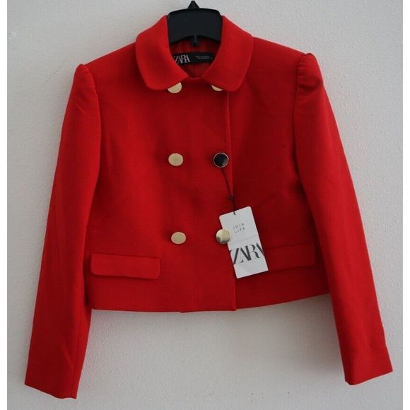 ZARA 8381/773/601 Women's Sz Small Red Cropped Peter Pan Collar Blazer $90 - Picture 1 of 6